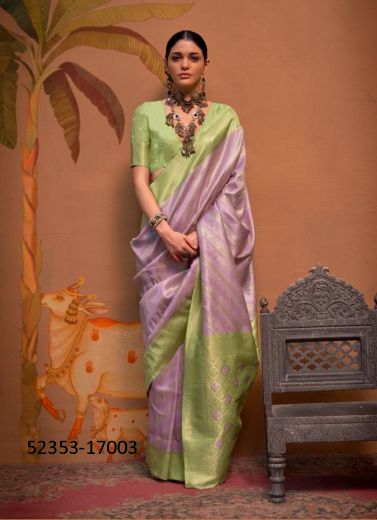 Lilac & Light Green Handloom Woven Silk Saree For Traditional / Religious Occasions