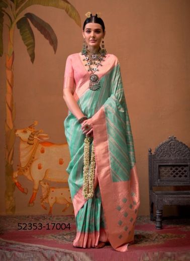 Teal Blue & Light Pink Handloom Woven Silk Saree For Traditional / Religious Occasions