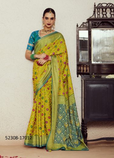 Lemon Green Brasso Silk Embroidered Party-Wear Saree