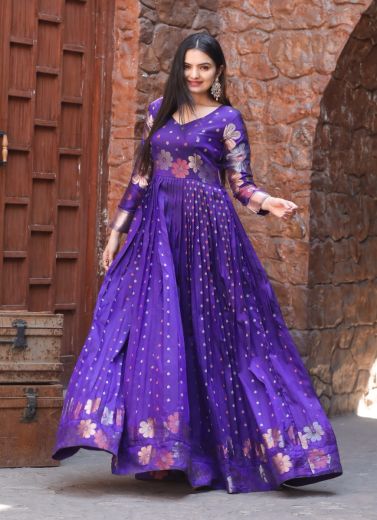 Violet Woven Silk Floor-Length Readymade Gown For Traditional / Religious Occasions