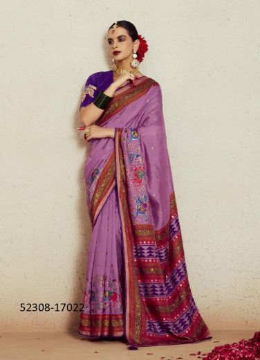 Dark Lilac Brasso Silk Embroidered Party-Wear Saree