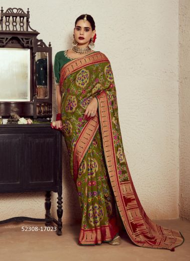 Olive Green Brasso Silk Embroidered Party-Wear Saree