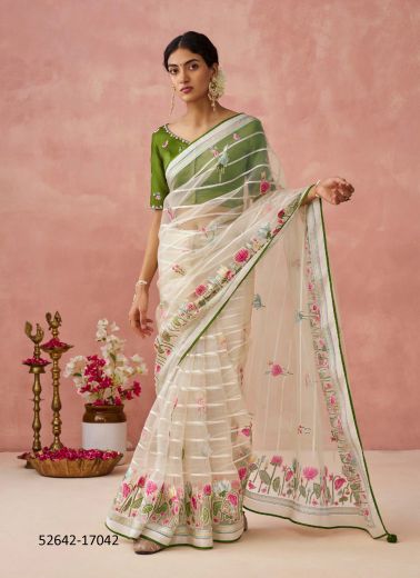 White & Olive Green Silk Woven Party-Wear Brasso Saree