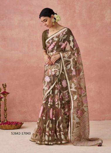 Brown & Pink Silk Woven Party-Wear Brasso Saree