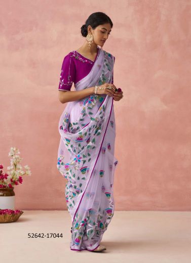 Light Lavender & Purple Silk Woven Party-Wear Brasso Saree