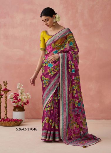 Purple & Yellow Silk Woven Party-Wear Brasso Saree