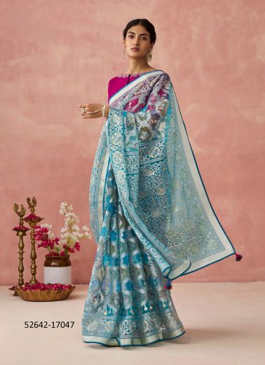 Sky Blue & Purple Silk Woven Party-Wear Brasso Saree