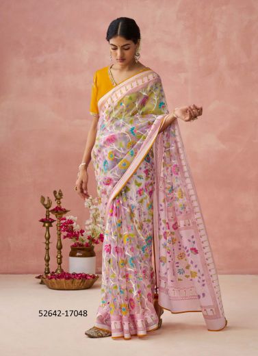 Pink & Orange Silk Woven Party-Wear Brasso Saree