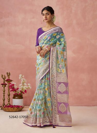 Multicolored Silk Woven Party-Wear Brasso Saree