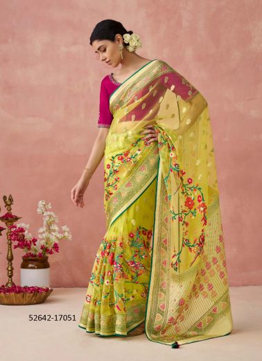 Yellow & Purple Silk Woven Party-Wear Brasso Saree