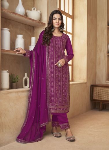Purple Silk Embroidered Festive-Wear Straight-Cut Salwar Kameez