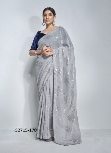 Gray Georgette Embroidered Party-Wear Beautiful Saree