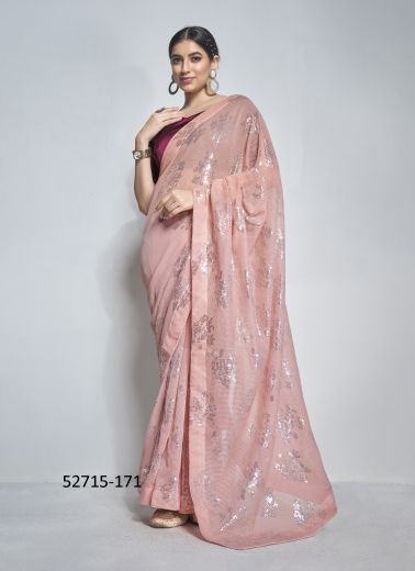 Light Pink Georgette Embroidered Party-Wear Beautiful Saree