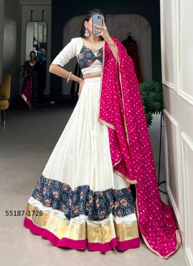 White & Magenta Rayon Printed Readymade Lehenga Choli For Traditional / Religious Occasions