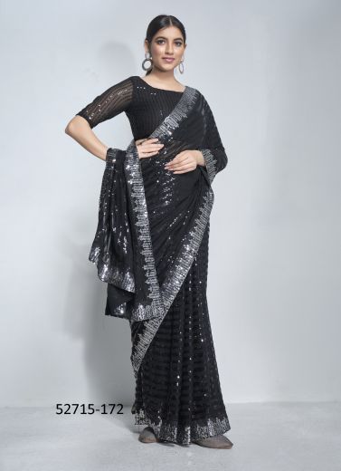 Black Georgette Embroidered Party-Wear Beautiful Saree