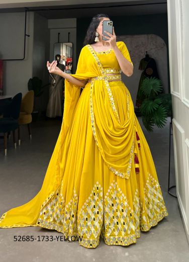 Yellow Georgette Mirror-Work Navratri Special Readymade Lehenga Choli [Chaniya Choli For Garba]