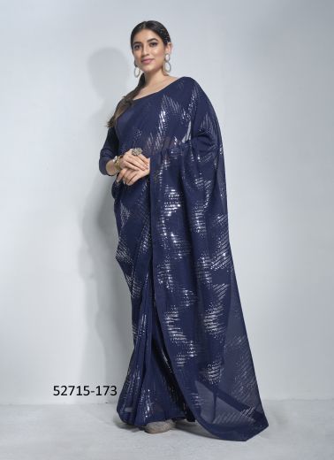 Navy Blue Georgette Embroidered Party-Wear Beautiful Saree