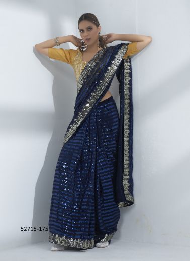 Dark Blue Georgette Embroidered Party-Wear Beautiful Saree