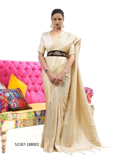 Cream Woven Handloom Silk Saree For Traditional / Religious Occasions