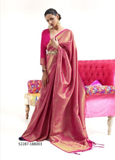 Dark Magenta Woven Handloom Silk Saree For Traditional / Religious Occasions