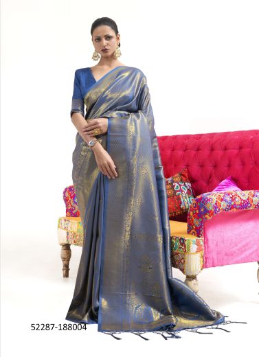 Steel Blue Woven Handloom Silk Saree For Traditional / Religious Occasions