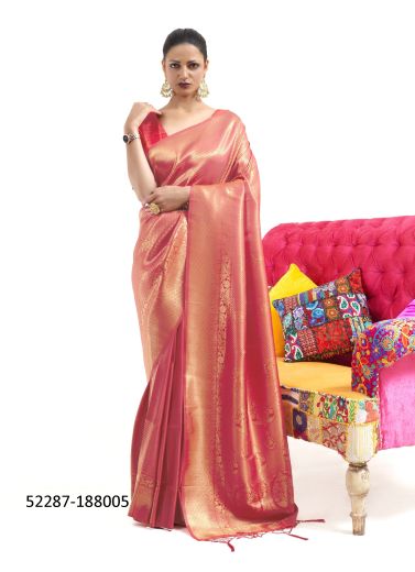 Light Coral Woven Handloom Silk Saree For Traditional / Religious Occasions