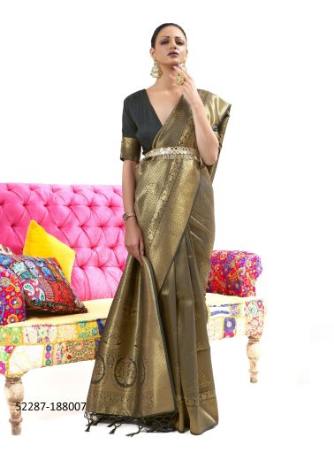 Golden Woven Handloom Silk Saree For Traditional / Religious Occasions
