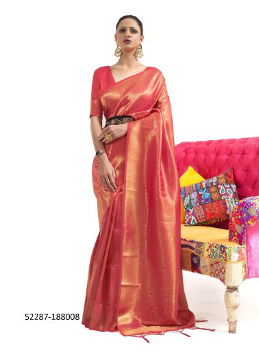 Coral Red Woven Handloom Silk Saree For Traditional / Religious Occasions