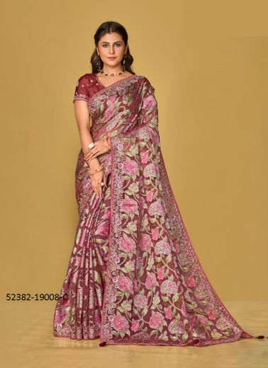 Multicolored Woven Soft Organza Festive-Wear Brasso Saree