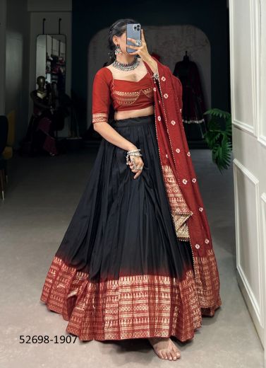 Black & Maroon Chanderi Padding With Zari Woven Readymade Lehenga Choli For Traditional / Religious Occasions