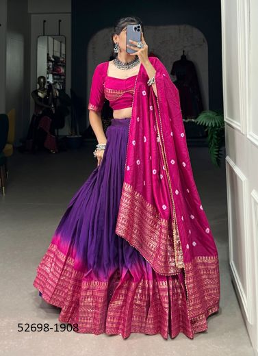 Purple & Magenta Chanderi Padding With Zari Woven Readymade Lehenga Choli For Traditional / Religious Occasions