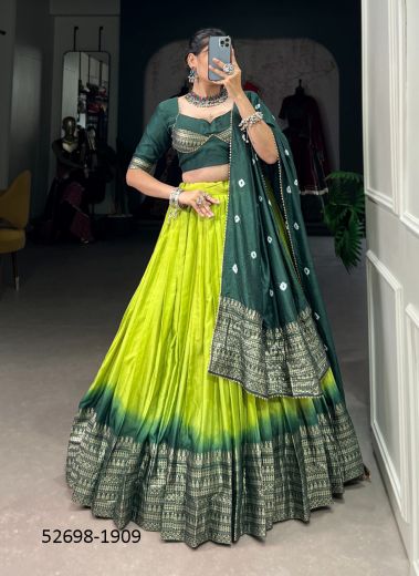 Lemon & Teal Green Chanderi Padding With Zari Woven Readymade Lehenga Choli For Traditional / Religious Occasions