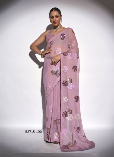 Lilac Georgette Embroidered Party-Wear Beautiful Saree