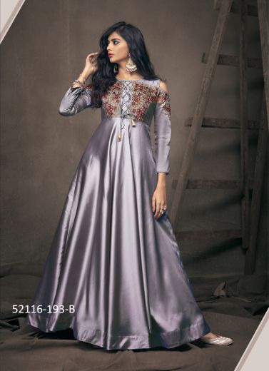 Lilac Silk Embroidered Festive-Wear Floor-Length Readymade Gown