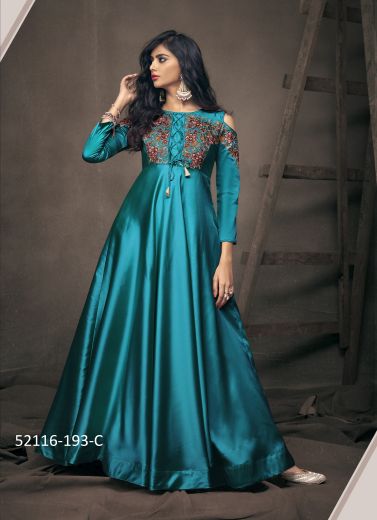 Teal Blue Silk Embroidered Festive-Wear Floor-Length Readymade Gown