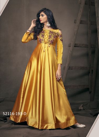 Yellow Silk Embroidered Festive-Wear Floor-Length Readymade Gown