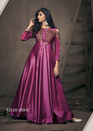 Purple Silk Embroidered Festive-Wear Floor-Length Readymade Gown