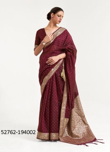 Wine Modal Cotton Woven Handloom Saree For Traditional / Religious Occasions