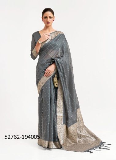 Gray Modal Cotton Woven Handloom Saree For Traditional / Religious Occasions