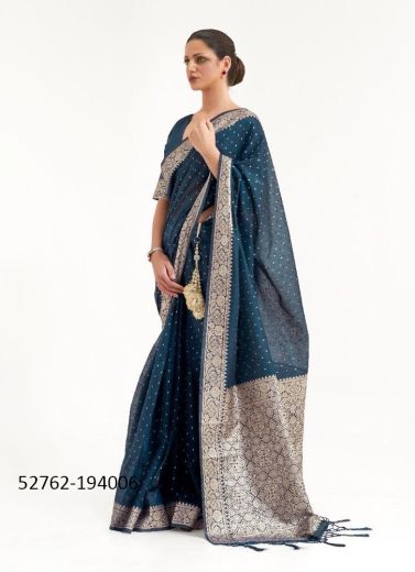 Sea Blue Modal Cotton Woven Handloom Saree For Traditional / Religious Occasions