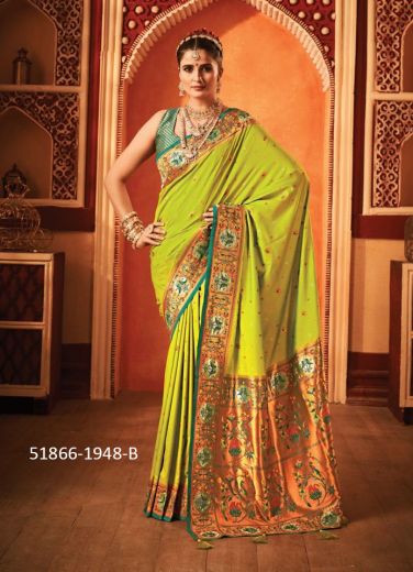 Lemon Green Swarovski Work Wedding-Wear Banarasi Silk Saree