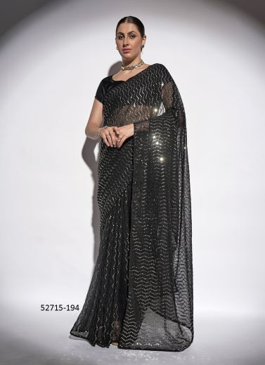 Black Georgette Embroidered Party-Wear Beautiful Saree