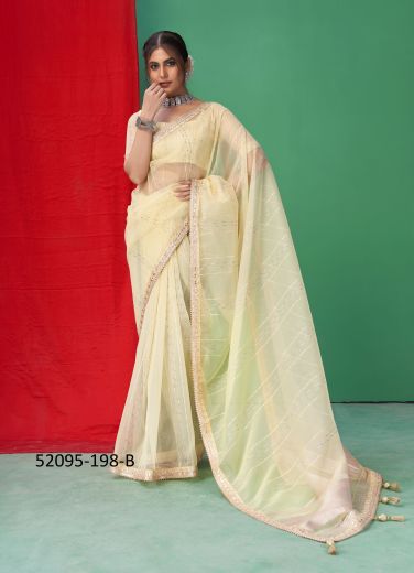 Cream Organza Embroidered Festive-Wear Sequins-Work Saree