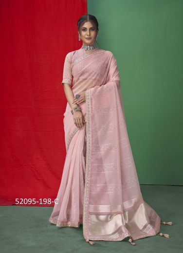 Pink Organza Embroidered Festive-Wear Sequins-Work Saree