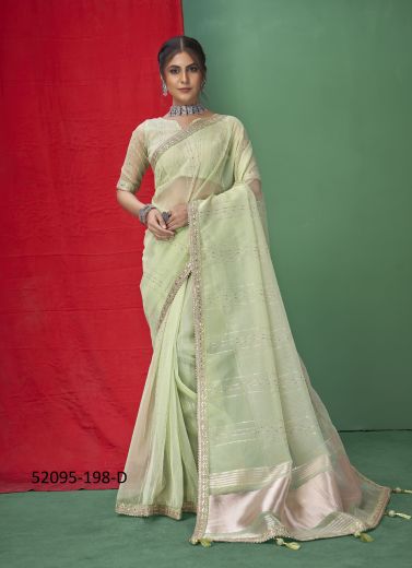 Light Green Organza Embroidered Festive-Wear Sequins-Work Saree