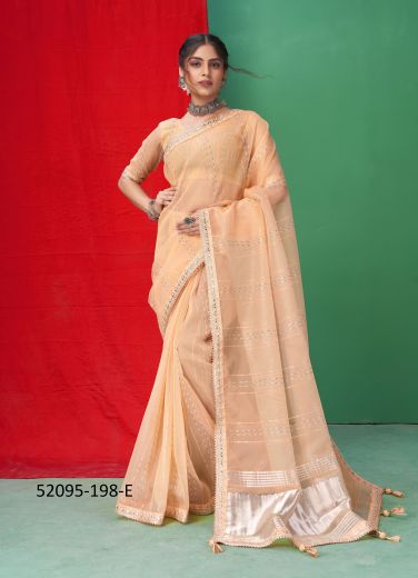 Light Salmon Organza Embroidered Festive-Wear Sequins-Work Saree