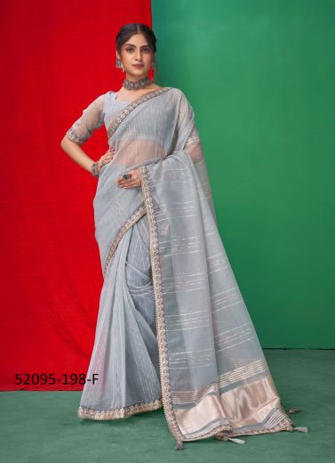 Gray Organza Embroidered Festive-Wear Sequins-Work Saree