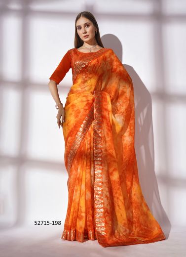 Orange Georgette Embroidered Party-Wear Beautiful Saree