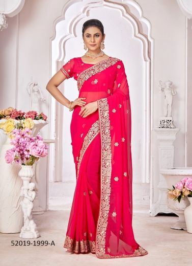Pink Red Georgette Embroidered Festive-Wear Beautiful Saree