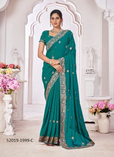 Teal Blue Georgette Embroidered Festive-Wear Beautiful Saree